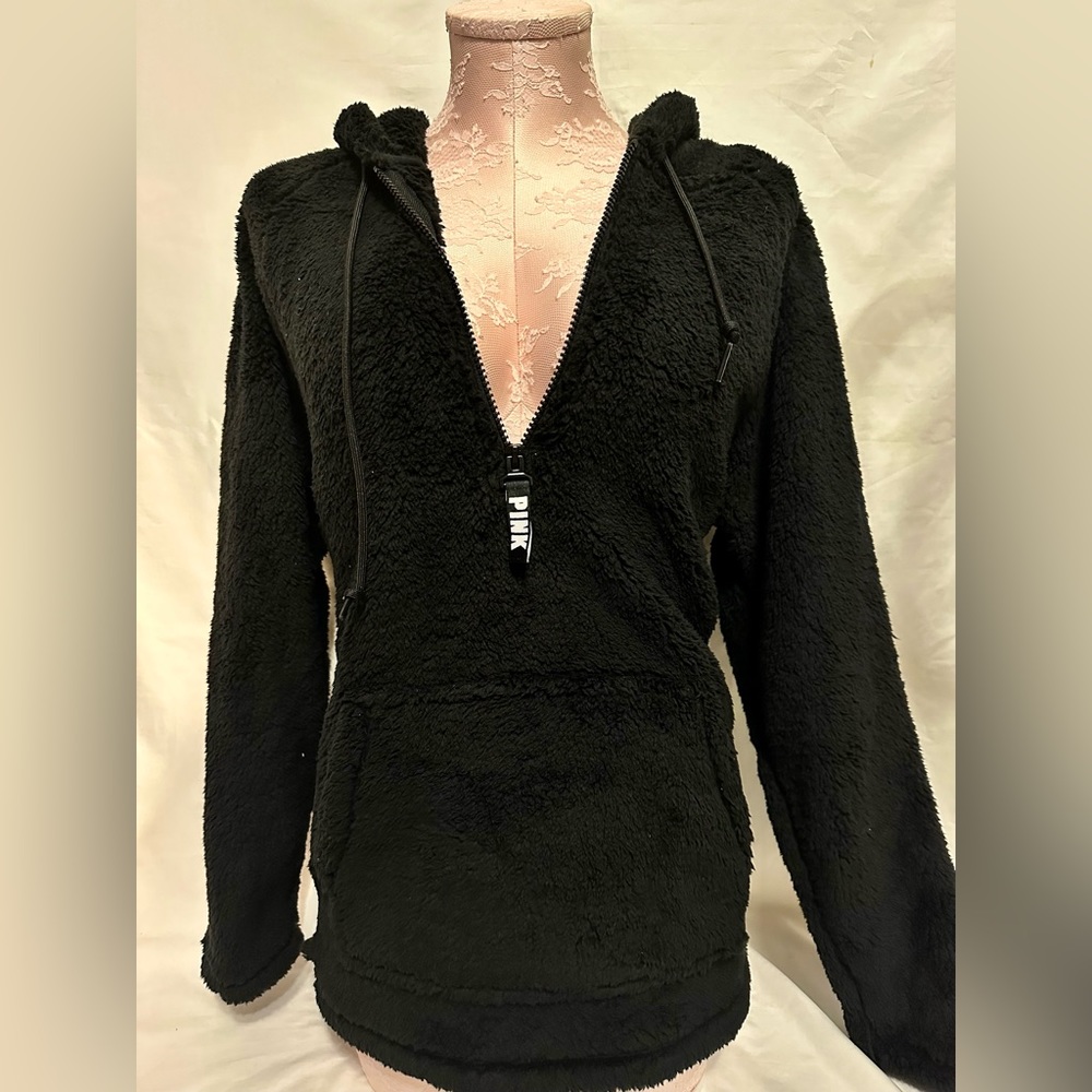 Victoria's Secret PINK Textured Fleece Quarter Zip Fleece Hoodie Black- Size XS